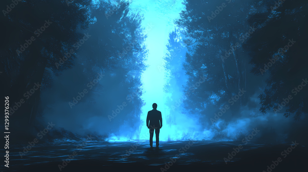 Fototapeta premium A businessman standing in contemplation against a glowing blue light, symbolizing vision and innovation in a dark environment. Solitude - Forest. Illustration