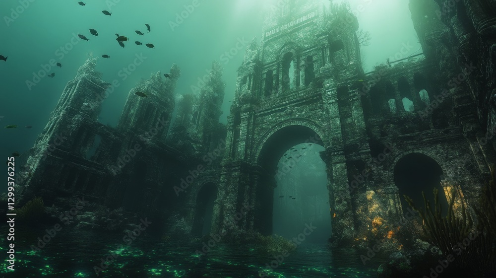 Mysterious underwater ruins with ancient arches and swimming fish Mysterious underwater ruins with ancient arches and swimming fish