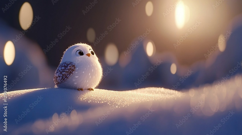 Obraz premium Small bird perched atop snowy landscape under bright sun