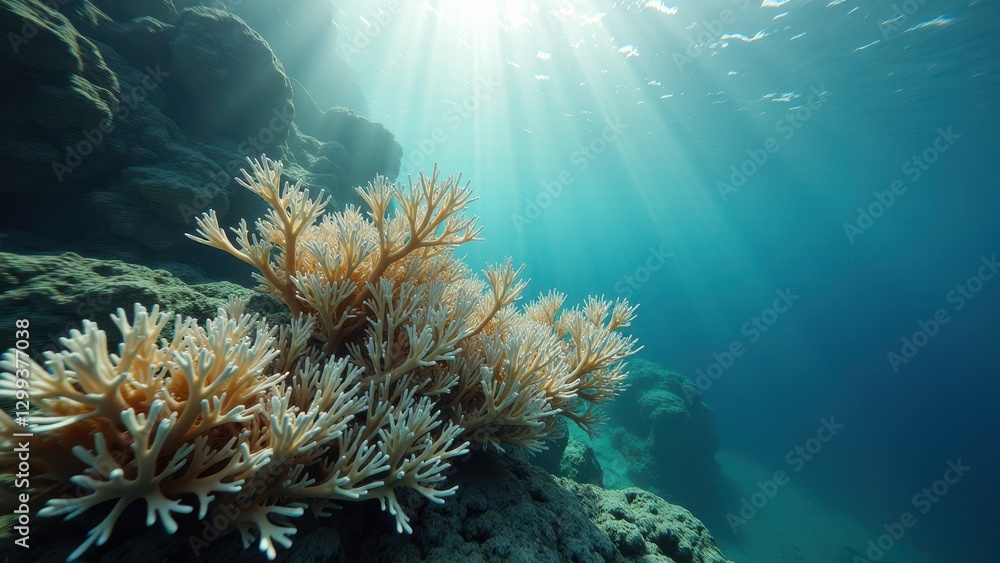 Obraz premium Sunlight illuminating an underwater coral reef affected by bleaching and climate change