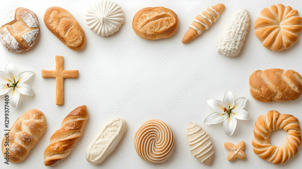 Assorted Bread and Pastries Arranged on a White Background Assorted Bread and Pastries Arranged on a White Background