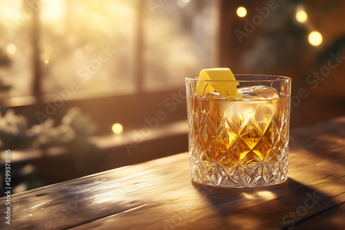 Golden whiskey sour with lemon twist in crystal glass