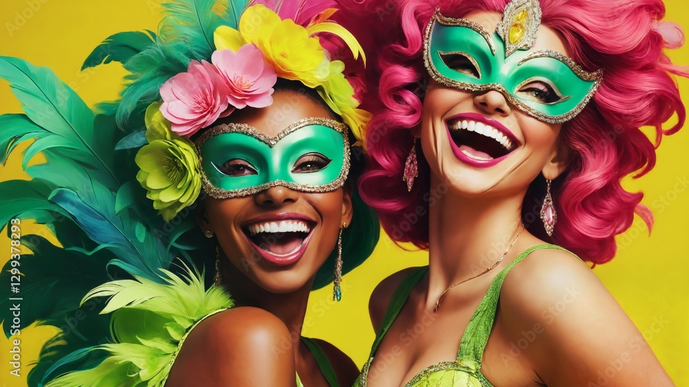 Obraz premium Two women wearing carnival masks on a yellow background.