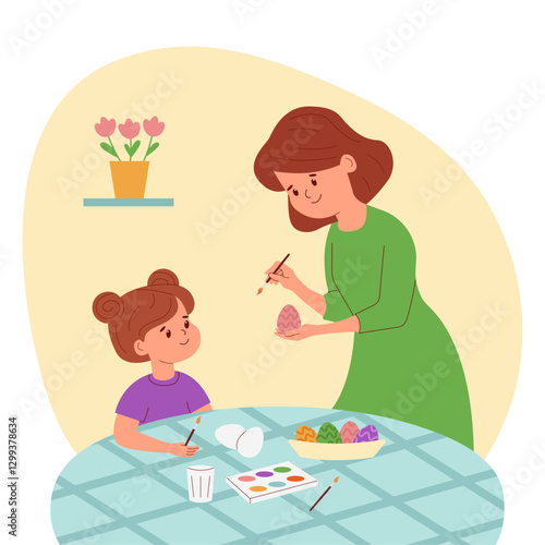 Mother and daughter decorate eggs for Easter. Draw with paints. Simple vector. On a transparent background.