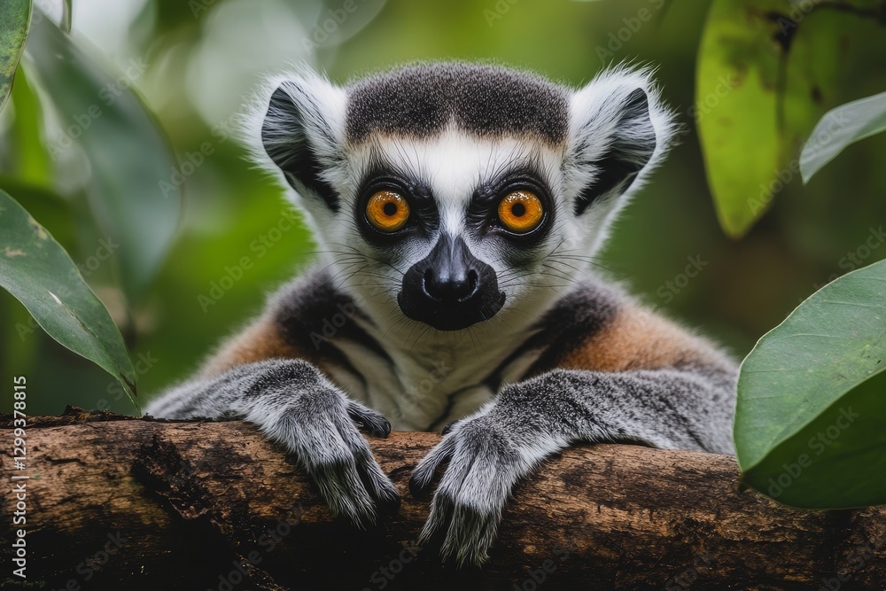 Obraz premium A cute ring-tailed lemur relaxes on a tree branch, surrounded by verdant foliage