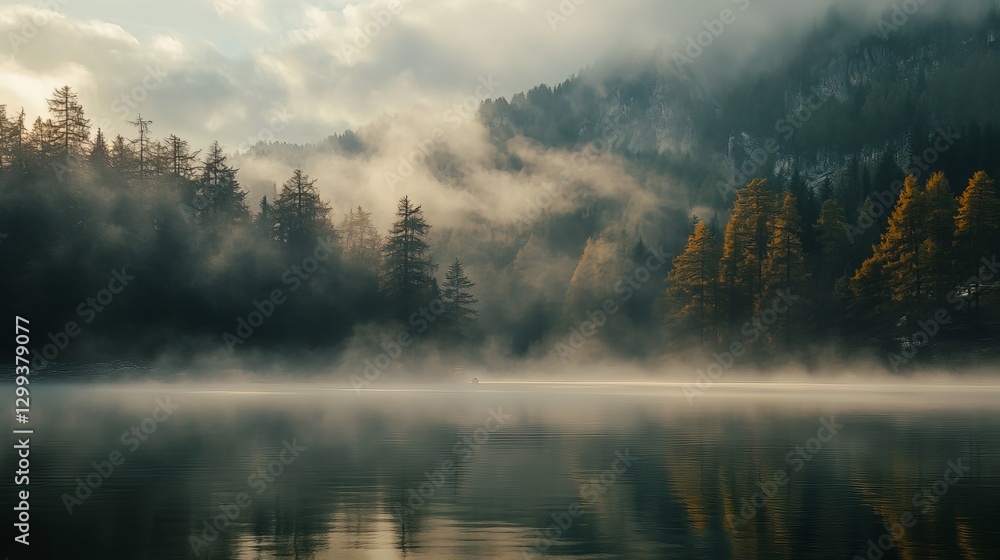 Fototapeta premium Misty morning reflections serene lake landscape photography autumn forest tranquil nature scene