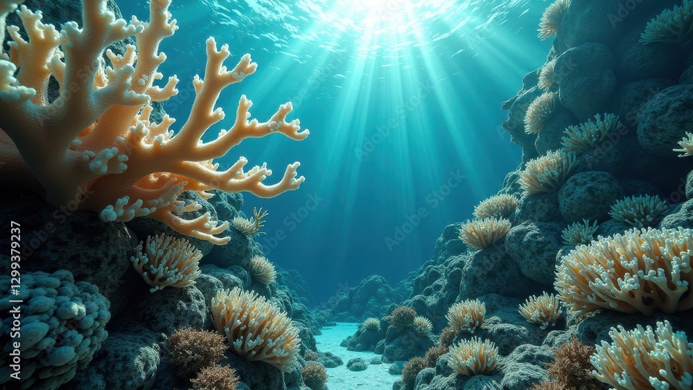 Obraz premium Sunlight illuminating an underwater coral reef affected by bleaching and climate change