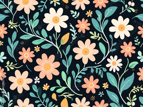 Wallpaper Mural Elegant Floral Pattern: A Dark Background Showcases Vibrant Blooms and Lush Greenery, Creating a Captivating Seamless Design. Torontodigital.ca