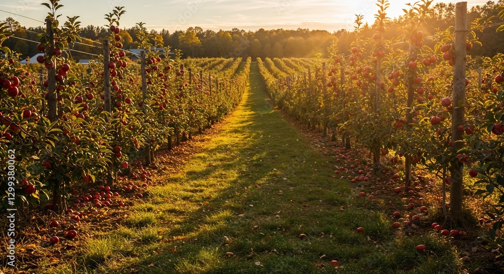 Naklejka premium Apple orchard in autumn with rows of apple trees and golden foliage