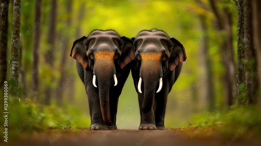 Fototapeta premium A pair of elephants stand beside one another on a dusty trail leading into a dense, tree-filled forest