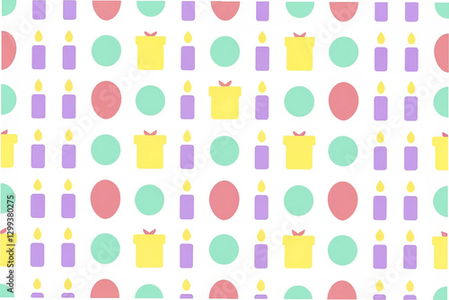 Seamless pattern with pastel candles, gifts, and circles.