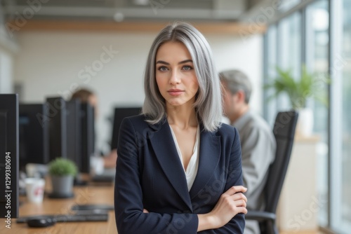 Free Download The woman confidently holds herself in a modern office environment, demonstrating an unflappable expression on her face  - GFXLoad