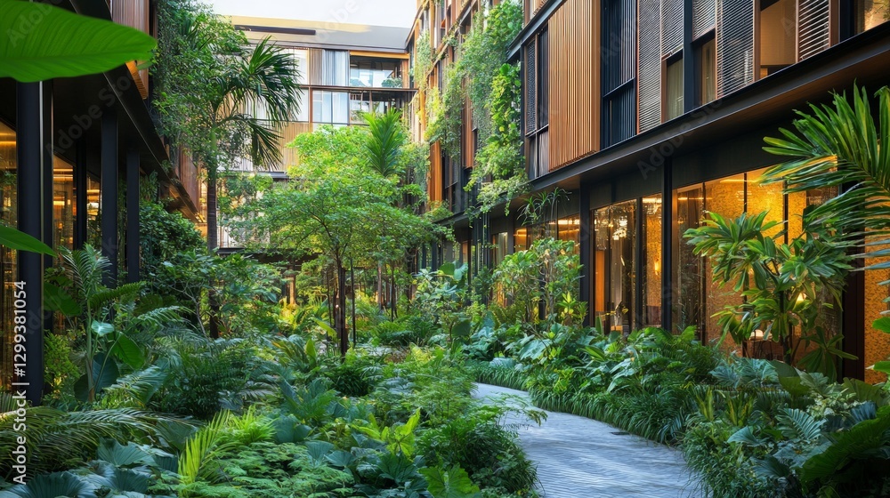 Lush Greenery in Modern Urban Courtyard with Natural Light Lush Greenery in Modern Urban Courtyard with Natural Light