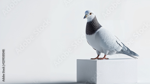 Wallpaper Mural Pigeon standing on a white pedestal in a bright, minimalistic environment Torontodigital.ca