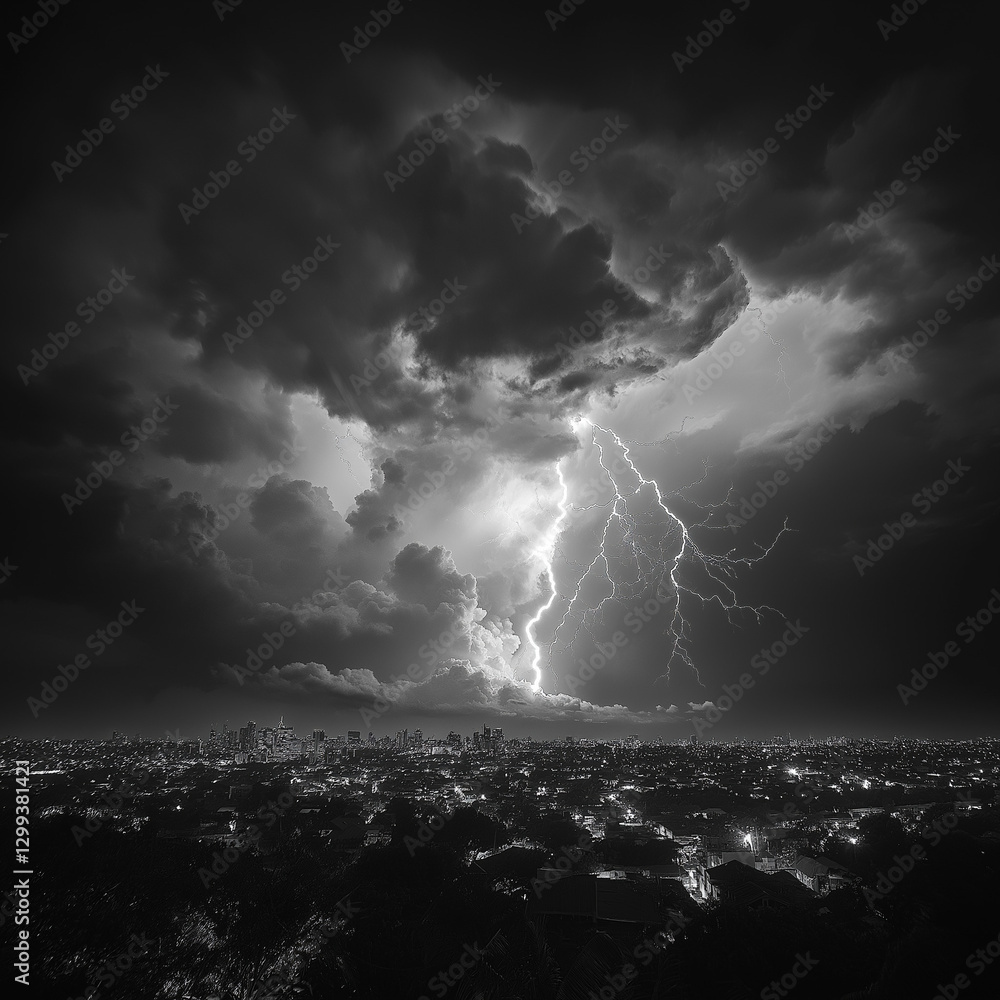 Lightning strikes over a city at night. Lightning strikes over a city at night.