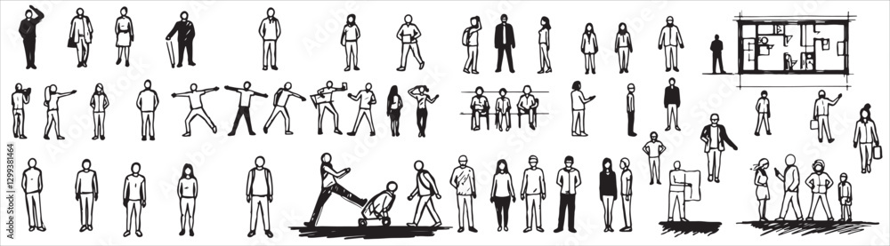 Silhouettes of grass and reeds blowing in the wind with simple vector figures representing people and business concepts