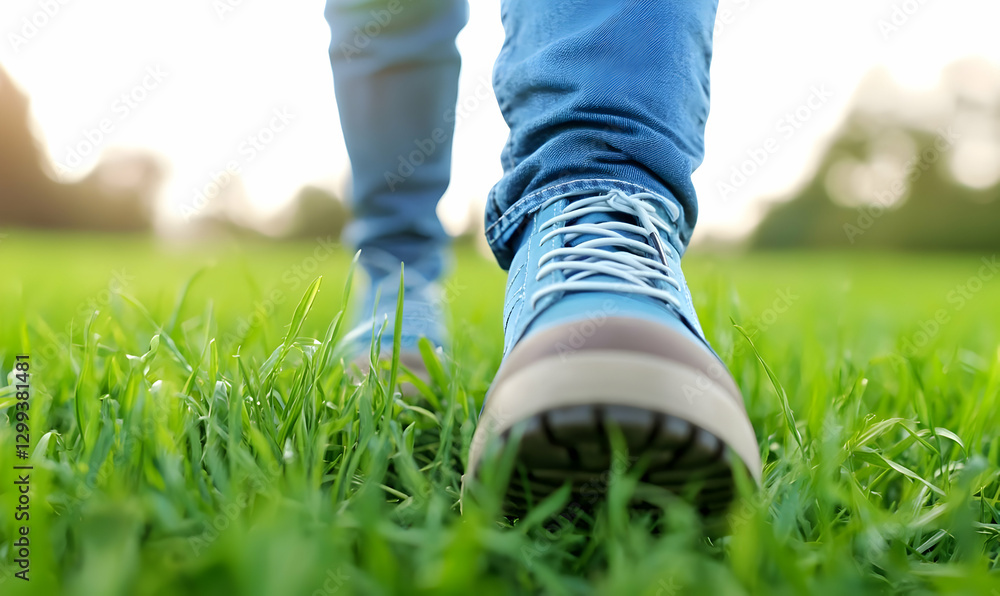 Person Walking on Grass with Blue Sneakers in Bright Green Field Person Walking on Grass with Blue Sneakers in Bright Green Field