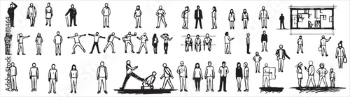 Silhouettes of grass and reeds blowing in the wind with simple vector figures representing people and business concepts