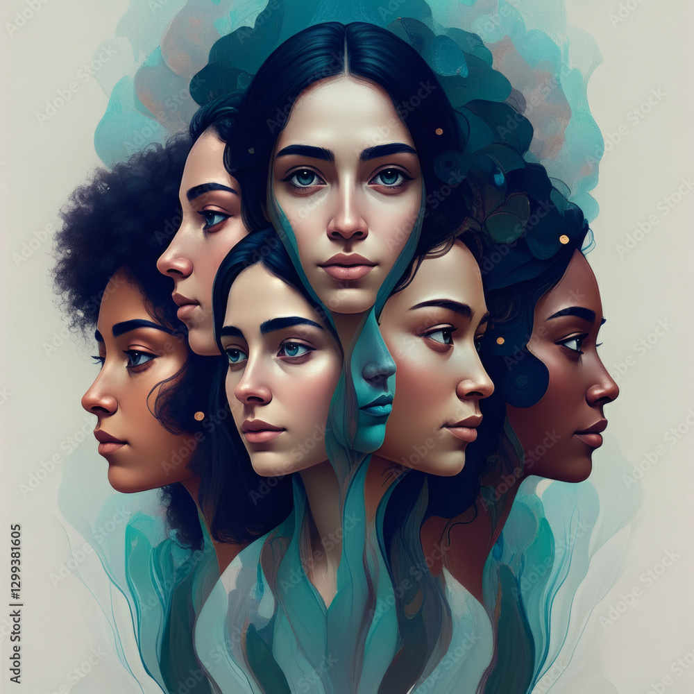 Obraz premium Abstract artistic portrait of diverse women faces layered surreal concept unity identity feminine power representation