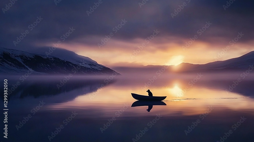 Fototapeta premium A person in a small boat floating on a body of water with mountains rising majestically behind them, bathed in the golden light of sunset
