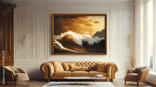Golden wave interior decor: a dramatic, golden wave captured in a framed photograph adds a touch of nature's majesty to a modern, minimalist living room. Majesty - Mountain. Illustration
