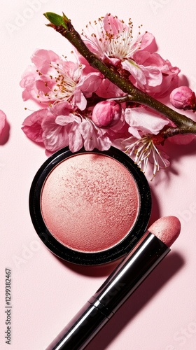 Pink blush, lipstick, cherry blossoms, spring makeup, beauty product