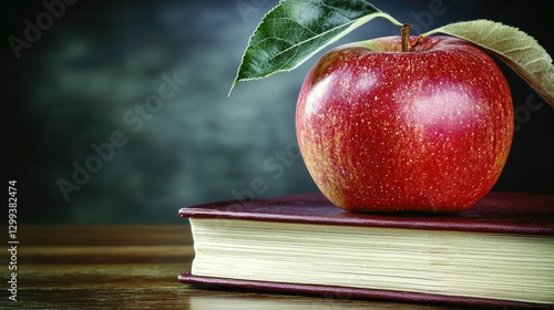 Red apple on book, classroom background; education concept
