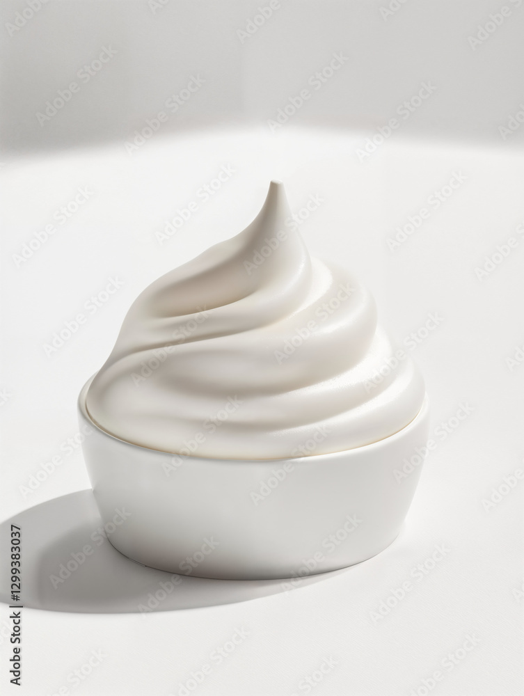 Creamy soft serve dessert in a white bowl placed on a light background under soft natural light Creamy soft serve dessert in a white bowl placed on a light background under soft natural light