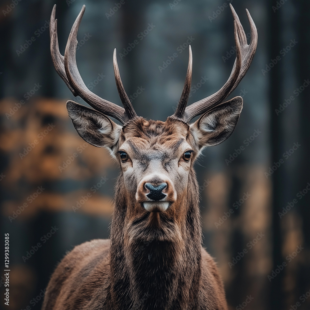 Majestic deer stares intensely in a forest. Majestic deer stares intensely in a forest.