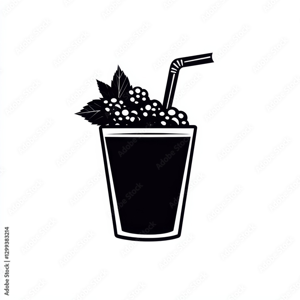 Black and White Illustration of Blackberry Smoothie with Straw and Mint Leaves in a Glass Cup, Minimalist Design Black and White Illustration of Blackberry Smoothie with Straw and Mint Leaves in a Glass Cup, Minimalist Design