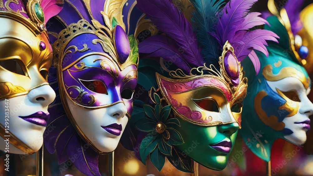Fototapeta premium A group of colorful carnival masks with feathers on them.