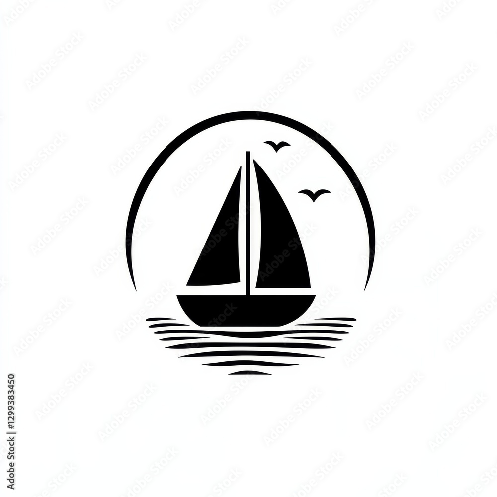 Minimalist Sailboat Logo: A Serene Voyage at Sea with Gulls in a Circular Frame Design Minimalist Sailboat Logo: A Serene Voyage at Sea with Gulls in a Circular Frame Design