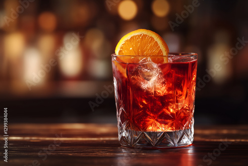Negroni cocktail in vintage glass with orange slice