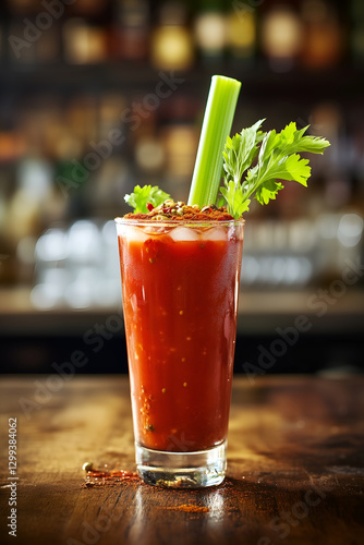 Bloody Mary in tall glass with celery stalk and spices