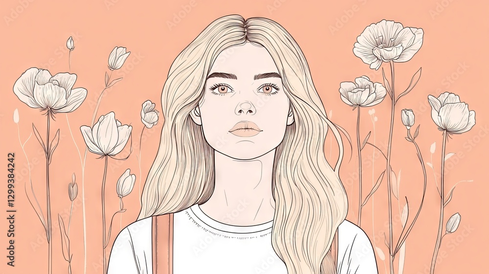 A delightful girl with long, dark, flowing hair, dressed in a red skirt and white top, set against a warm coral background adorned with floral accents A delightful girl with long, dark, flowing hair, dressed in a red skirt and white top, set against a warm coral background adorned with floral accents
