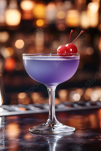 Classic Aviation in coupe glass with violet liqueur and cherry
