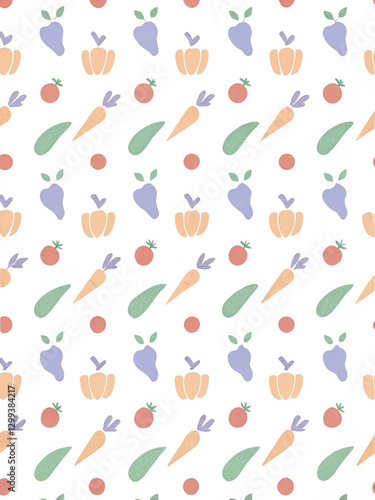 Seamless pastel vegetable pattern with carrots, peppers, and tomatoes.