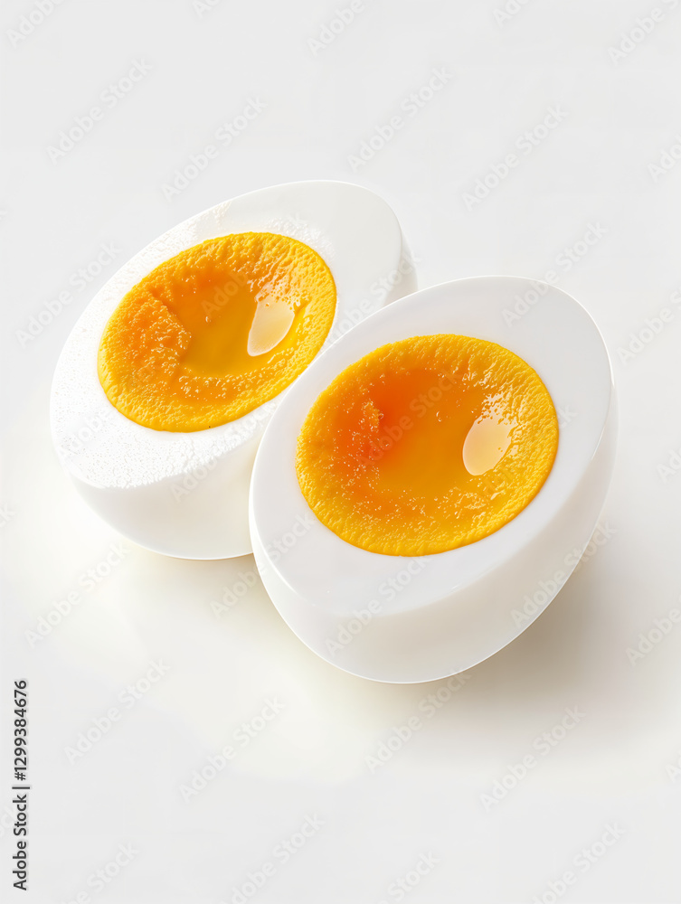 Perfectly cooked soft-boiled eggs with a rich golden yolk on a plain surface Perfectly cooked soft-boiled eggs with a rich golden yolk on a plain surface