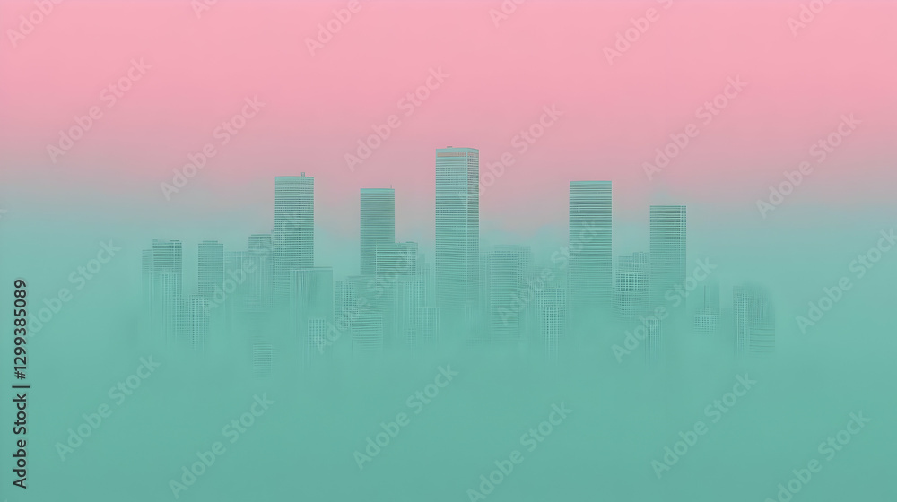 Fototapeta premium Urban Skyline Wrapped in Fog with Pastel Colored Gradient Background