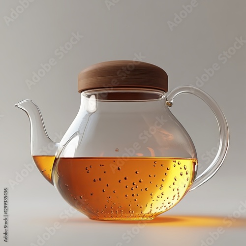 Glass Teapot with Wooden Lid: A transparent glass teapot with a natural wooden lid, filled with amber tea, sits on a light grey background, ready to be poured.
