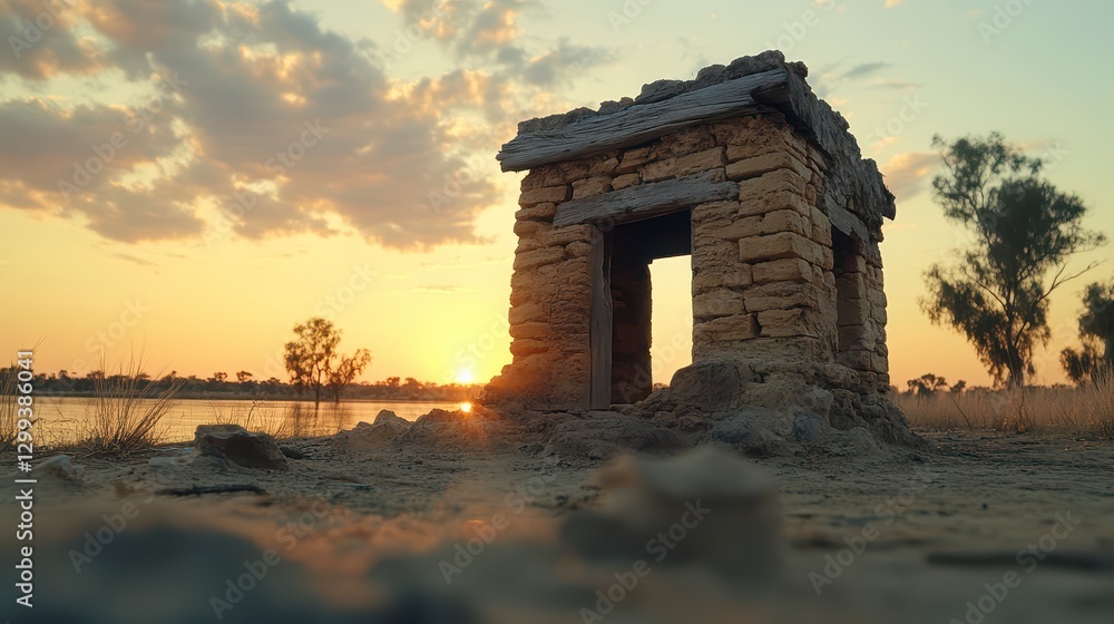 Fototapeta premium Stone Ruins at Sunset Near Calm Water