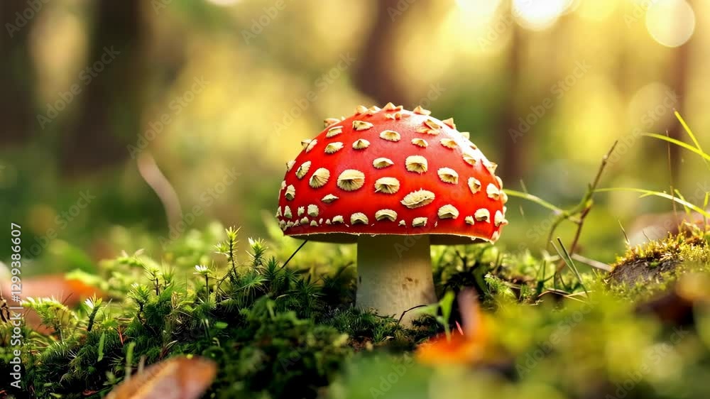 Mushroom with red cap and white spots growing amidst green moss in a forest setting during daylight hours Mushroom with red cap and white spots growing amidst green moss in a forest setting during daylight hours