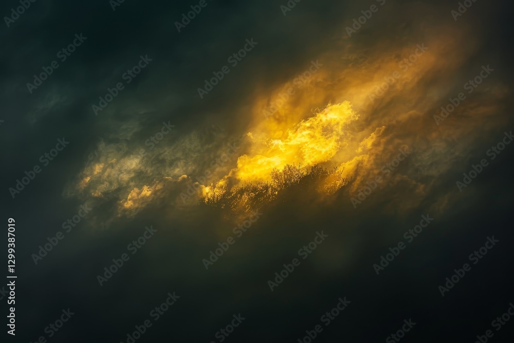 Naklejka premium Golden light breaks through dark clouds during a sunset, illuminating the sky with patches of yellow, Sunlit patches of yellow breaking through a cloudy atmosphere
