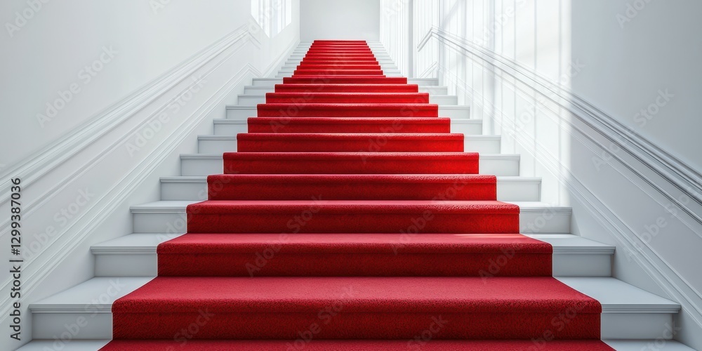 Obraz premium Elegant red carpeted staircase leading upward in a bright, modern hallway