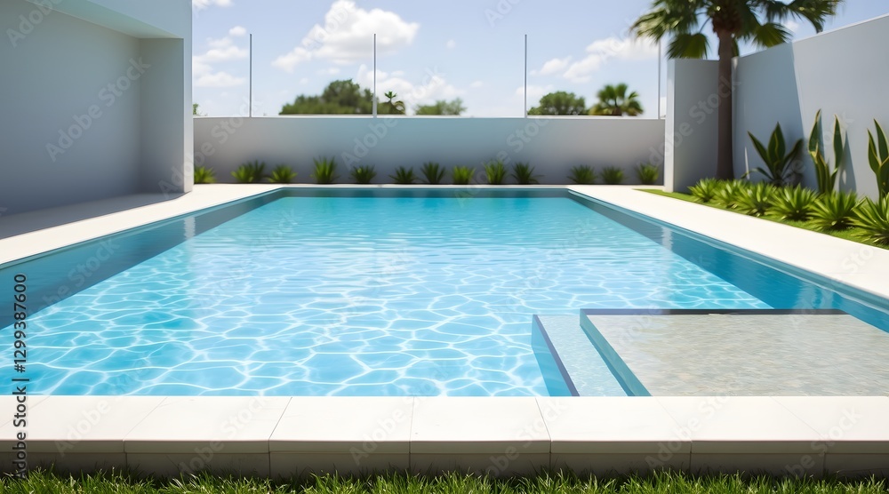 Obraz premium A modern outdoor pool with clear blue water, surrounded by greenery and sunlight, creating a tranquil and luxurious atmosphere perfect for relaxation and leisure. 