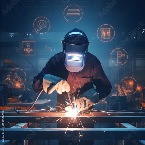 Skilled Welder Using Welding Tools to Fabricate Metal in Industrial Workshop photo