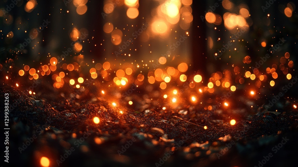 Obraz premium Forest floor glowing lights, sunset bokeh, magical forest
