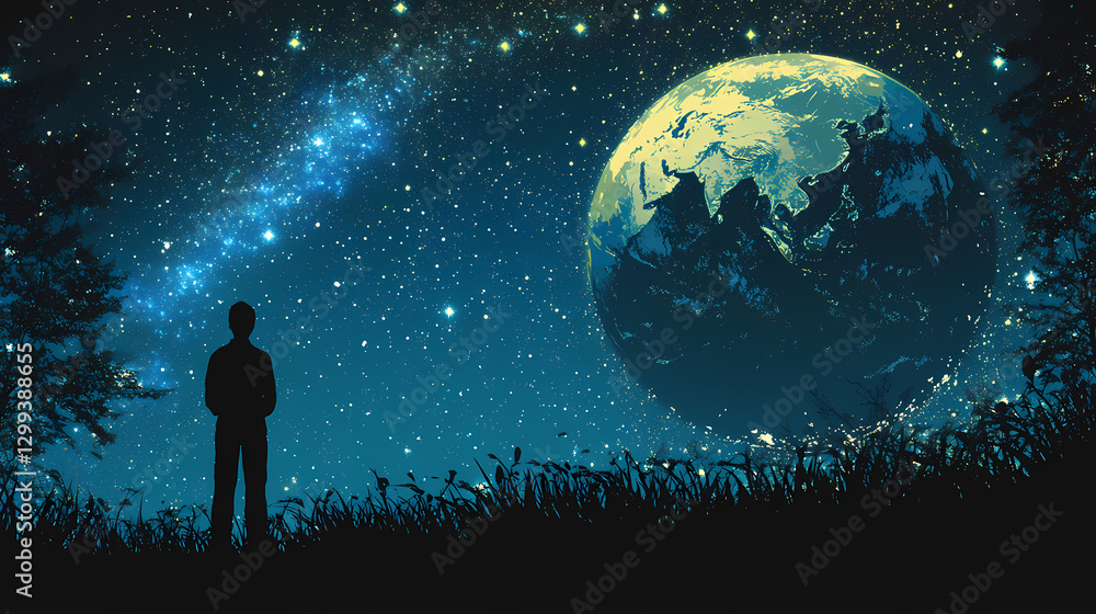 Fototapeta premium A person stands, their back to us, gazing at earth glowing brightly against a starlit sky, conveying a sense of awe and the majesty of our home planet. Majesty - Mountain. Illustration