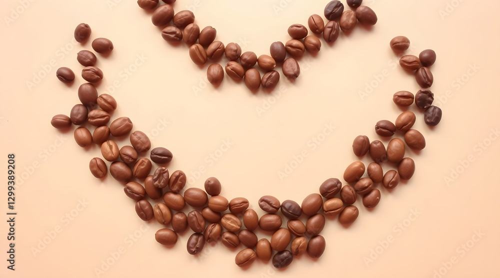 Coffee beans arranged in a smiling face on a light peach background Coffee beans arranged in a smiling face on a light peach background