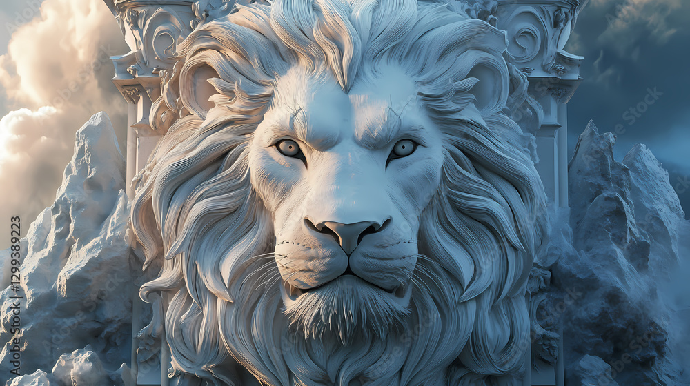 A striking lion's head emblem, crafted with detailed artistry, combines power and majesty. Majesty - Mountain. Illustration A striking lion's head emblem, crafted with detailed artistry, combines power and majesty. Majesty - Mountain. Illustration
